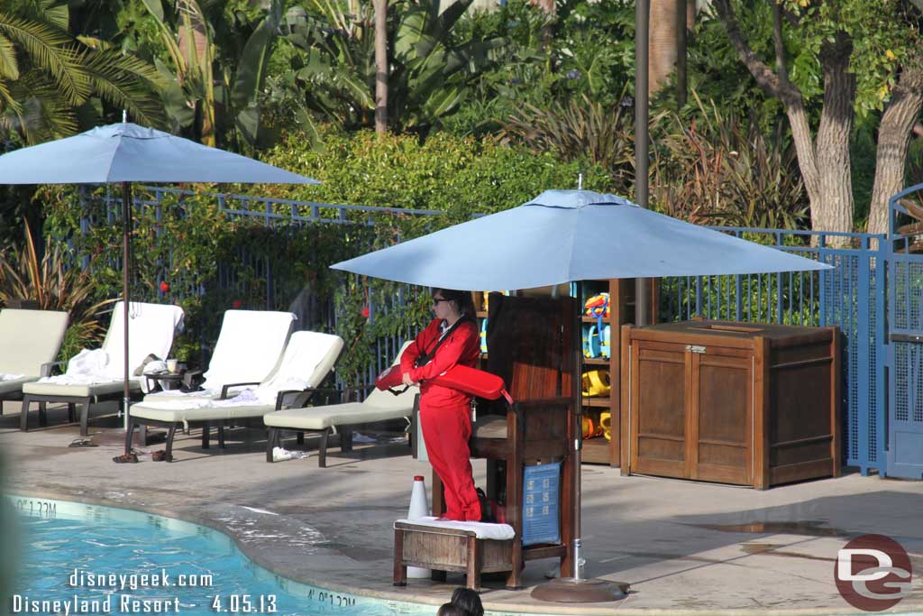 Spring break!  Life gaurds in warm clothes...  the temps topped out about 70 today with a breeze.  It was cooler by this point of the afternoon.  The pools themselves had a fair number of guests in them.  