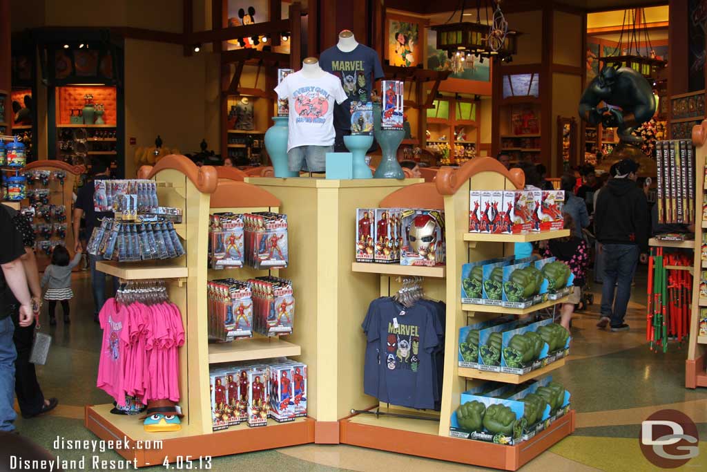 World of Disney has Marvel merchandise by the entrance.