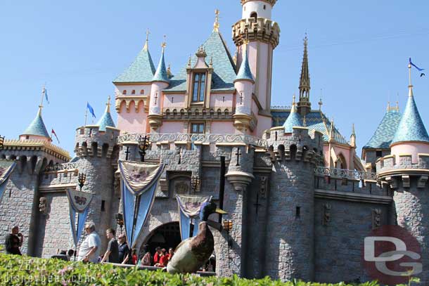 A duck posing for pictures in front of the castle