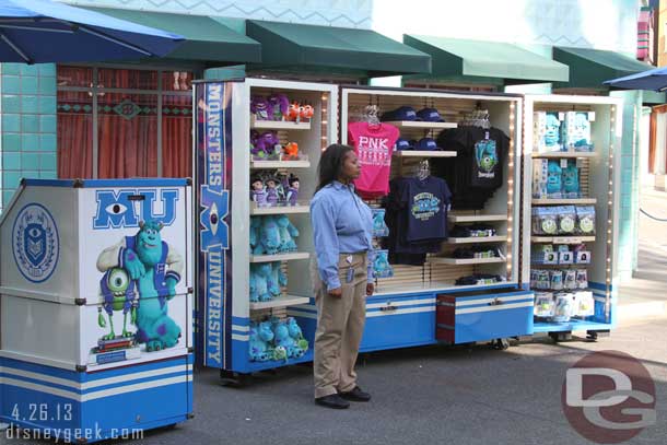 In Hollywoodland on Sunset Blvd there is now a stand selling Monsters University merchandise.  This is where the old truck usually is parked.  It looks like the repurposed the carts from the Mad T Party.