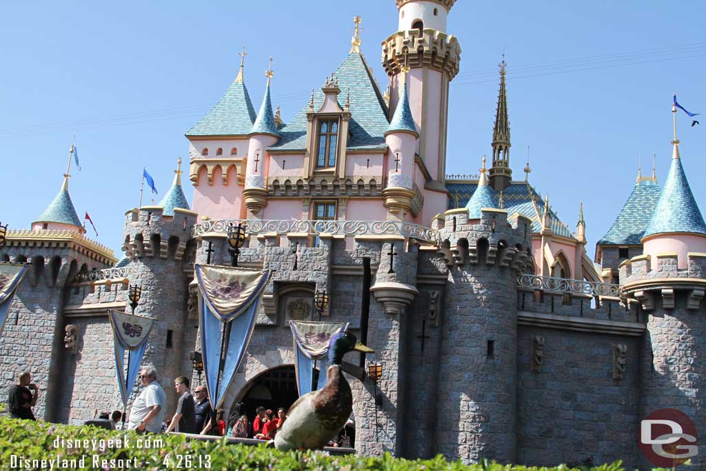 A duck posing for pictures in front of the castle