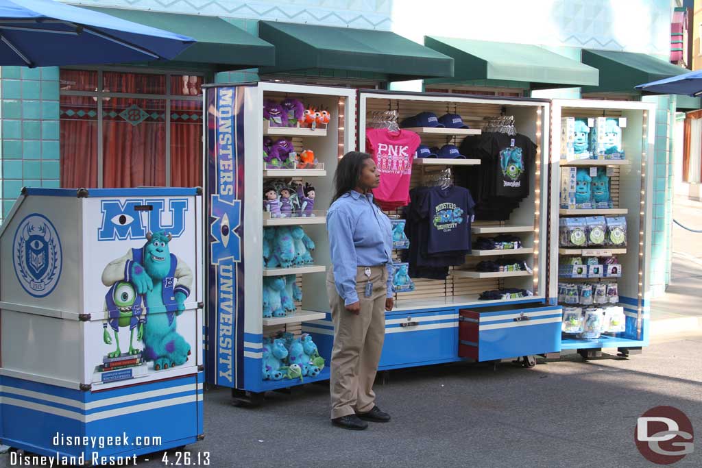 In Hollywoodland on Sunset Blvd there is now a stand selling Monsters University merchandise.  This is where the old truck usually is parked.  It looks like the repurposed the carts from the Mad T Party.