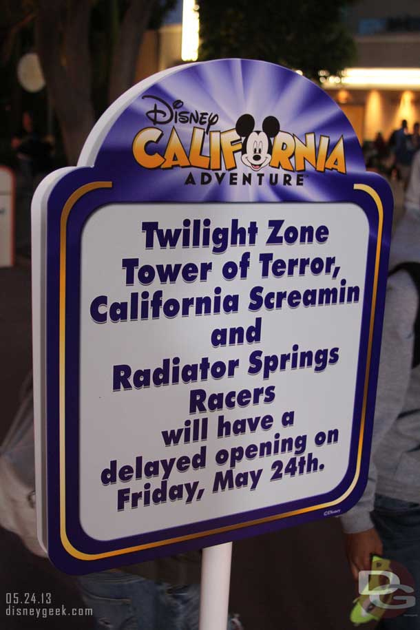 Warnings of delayed openings since there was a Grad Nite last night at DCA.  So you could choose which park to visit first.