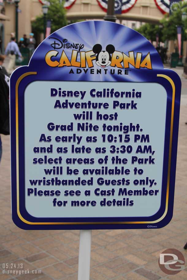 Warnings about Grad Nite as you enter the park.