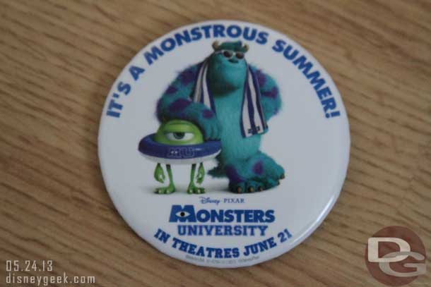 As you entered the park you were given a Monsters University button.