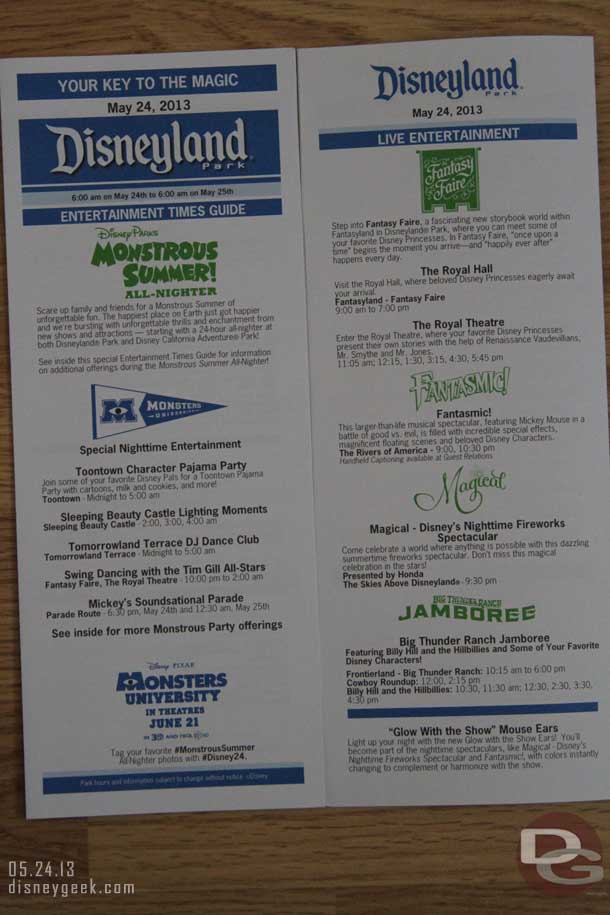 The Disneyland schedule for the day.