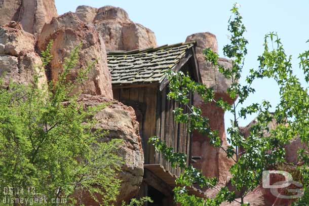 The scaffolding is down around the shack on Big Thunder visible from the BBQ entrance area.