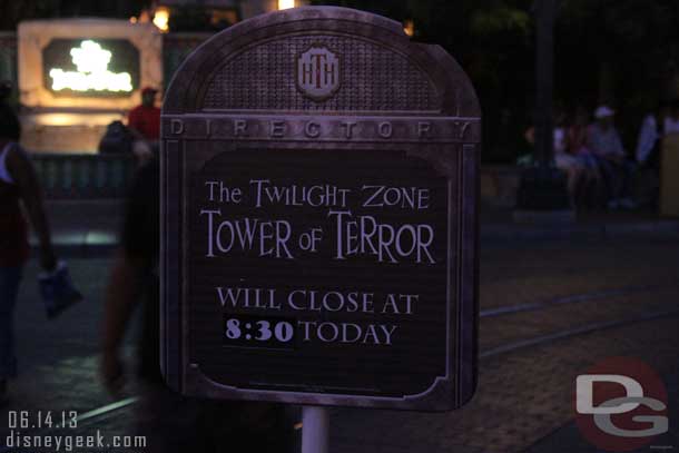 Found this interesting.. since I last passed by a sign was put out saying Tower of Terror was closing at 8:30pm.