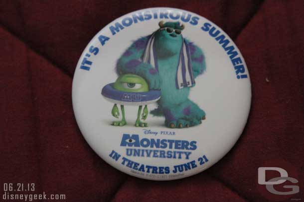 As you entered the park they were passing out Monsters University buttons to mark the opening of the film today.