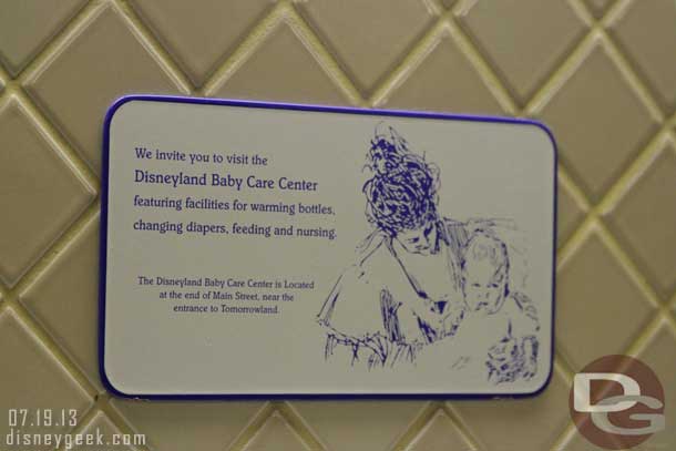 In the restroom in Adventureland noticed this sign above the sinks for the baby care center.