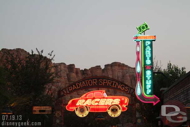 The neon coming on in Cars Land.