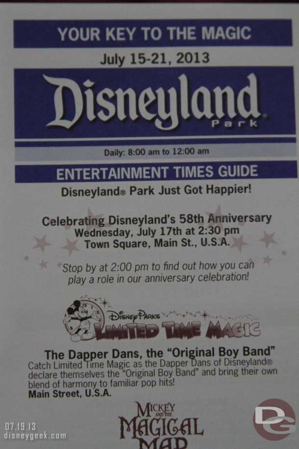 This weeks Limited Time Magic featured the Dapper Dans of Disneyland doing their Original Boy Band medley.  I thought it was odd they promoted the event on the cover of the time guide but did not give the times or set locations.  Inside they had times but not locations.