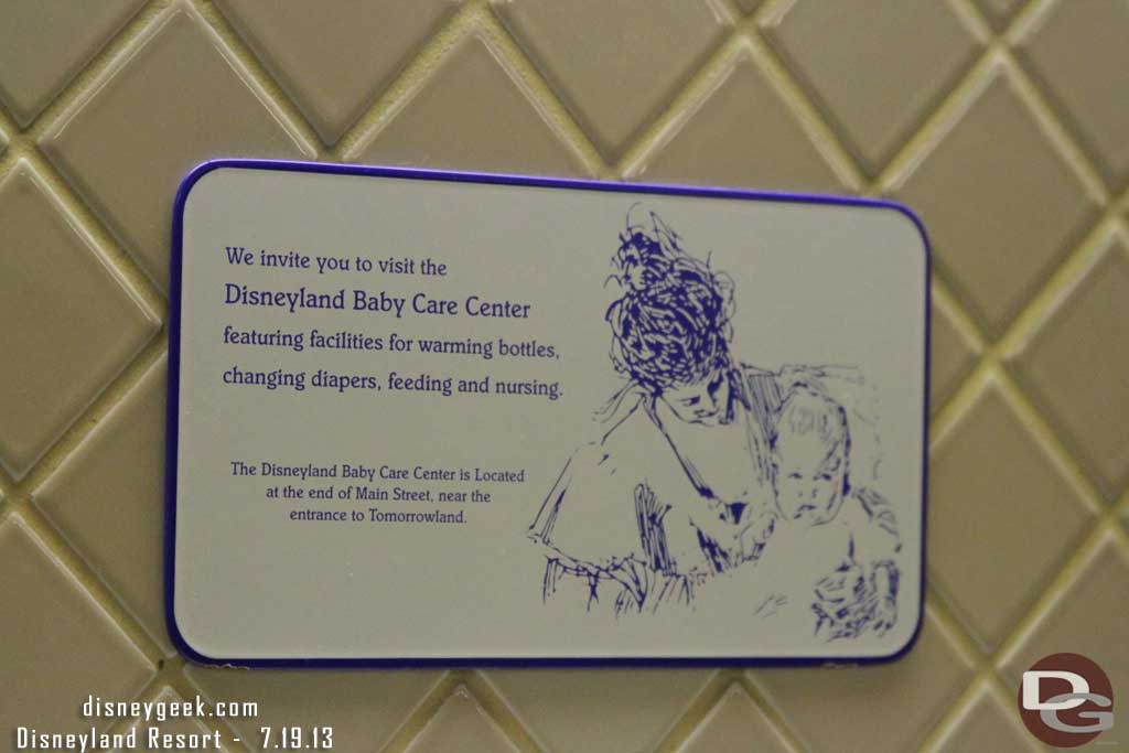 In the restroom in Adventureland noticed this sign above the sinks for the baby care center.