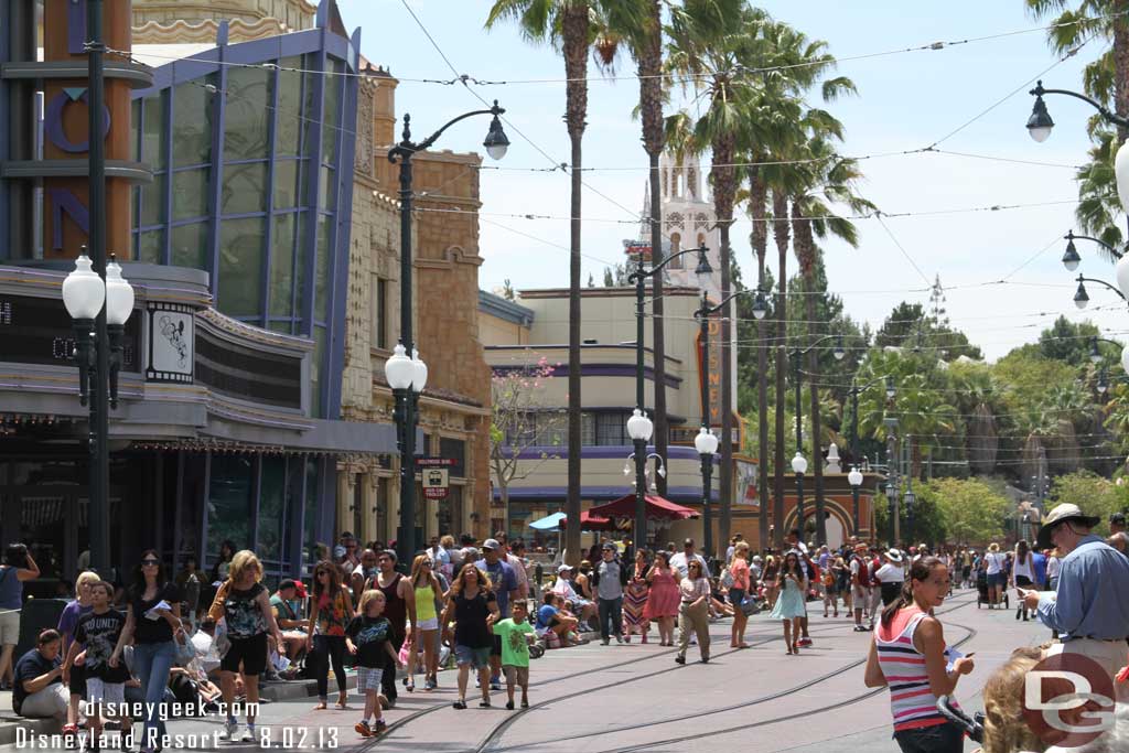 Guests waiting for the Pixar Play Parade.  Today the 2pm parade started out in Paradise Pier.