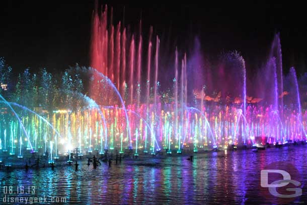 This is one of the best views of the fountains with minimal wait.  But you unfortunately miss alot of the show since you cannot see the projections and many of the effects do not look correct from this angle.