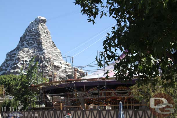 In Fantasyland the Carrousel work continues, but the tarps down due to the wind.