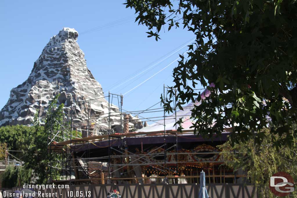 In Fantasyland the Carrousel work continues, but the tarps down due to the wind.