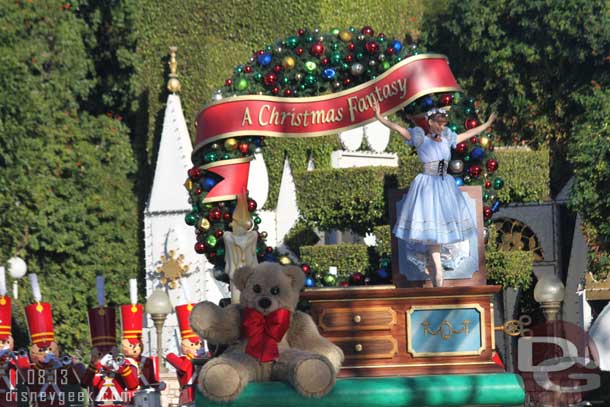 A Christmas Fantasy Parade kicked off today.  The regular teddy bear has returned to the opening float.  And I think the wreath being open is a slight tweak.