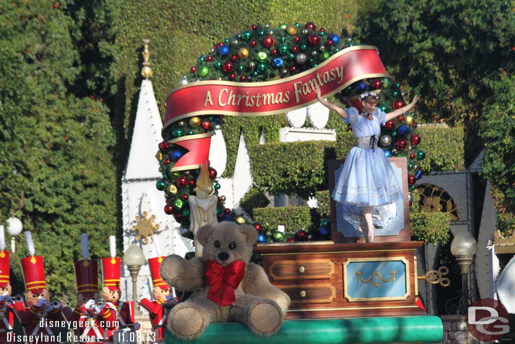 A Christmas Fantasy Parade kicked off today.  The regular teddy bear has returned to the opening float.  And I think the wreath being open is a slight tweak.