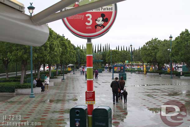 There was a steady drizzle as I arrived at the Mickey and Friends parking structure this afternoon.