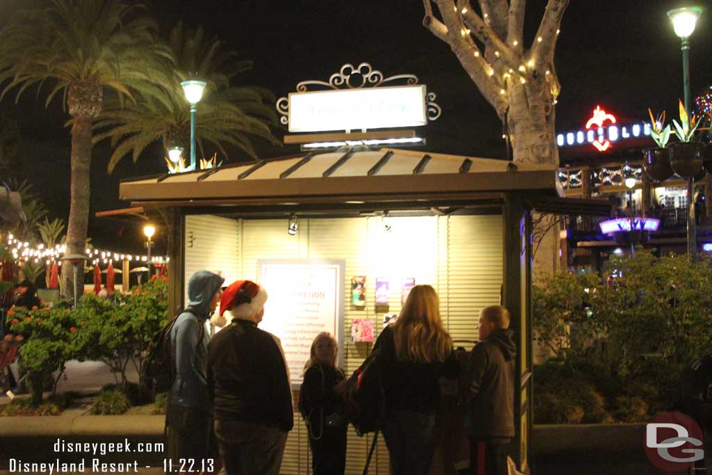 The information kiosk had a handful of people around it, also the walls nearby were down, could not really tell in the dark what they did.. guessing planter or concrete work.