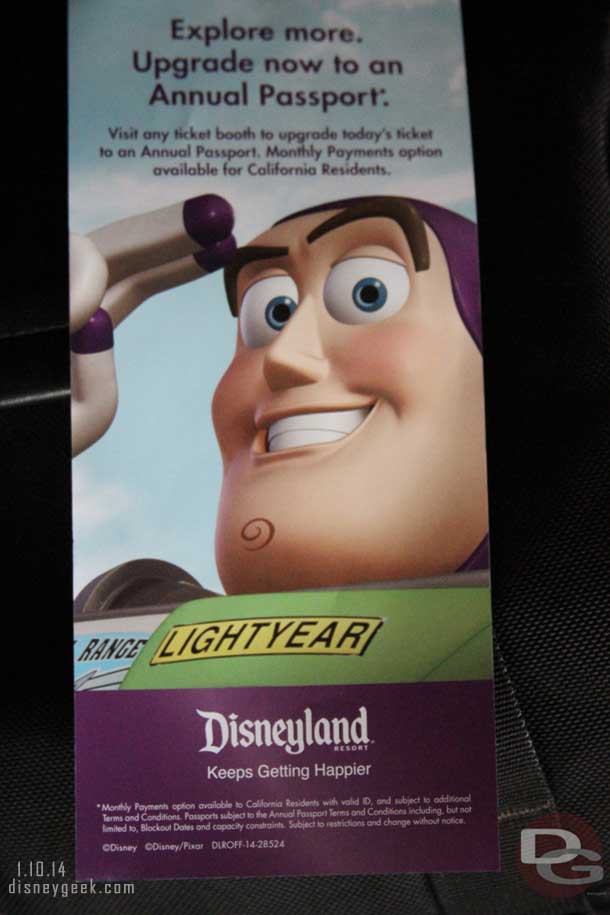 Thought this was inefficient of Disney.  After scanning my pass at the structure they gave me this upgrade flyer.. I have the Premiere Pass so there is no where else to upgrade to.