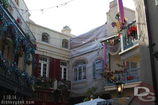 More scaffolding, tarps, and walls are now up all around New Orleans Square as Club 33 is closed and being renovated.