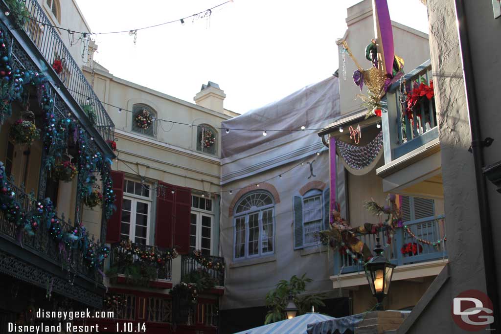 More scaffolding, tarps, and walls are now up all around New Orleans Square as Club 33 is closed and being renovated.