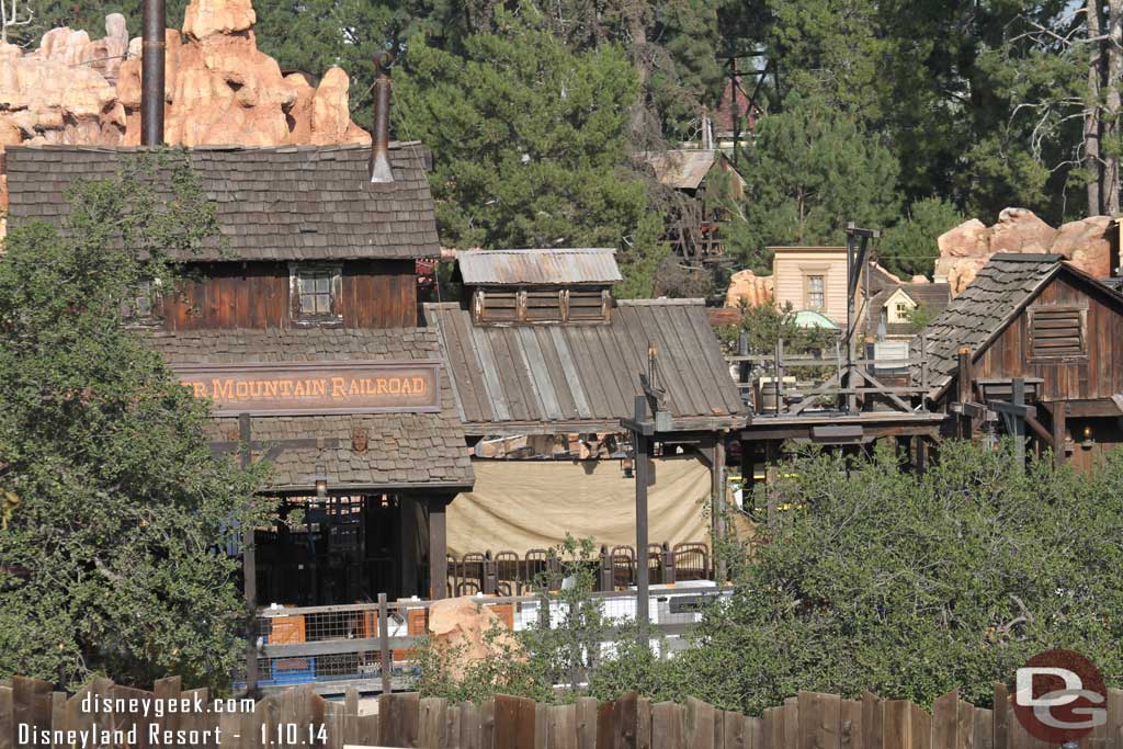 No visible activity at Big Thunder this afternoon.  A train in the station with water weights in it.