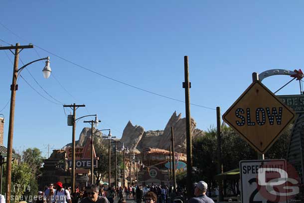 Cars Land is almost back to normal.  All the decorations are down but the pols on the right still remain.