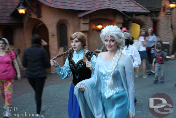 Always keep your eyes open when walking around, you never know who you may bump into.  Anna and Elsa from Frozen were passing through Fantasyland.