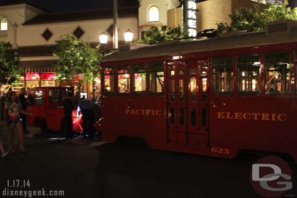 As I was heading out spotted this in Carthay Circle, one of the Red Cars was broken down and being connected to a tow.  