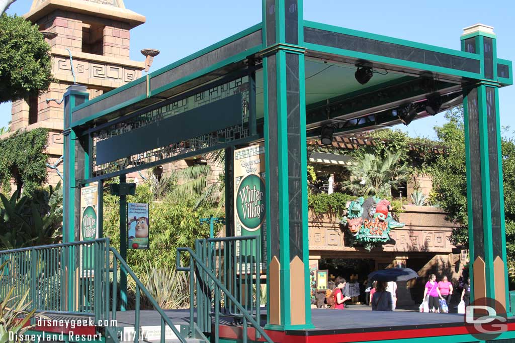 A couple Winter Village banners remain around the stage area.  