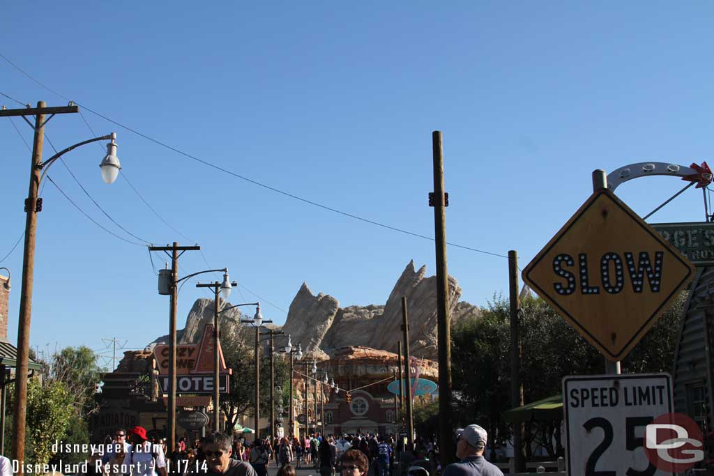 Cars Land is almost back to normal.  All the decorations are down but the pols on the right still remain.