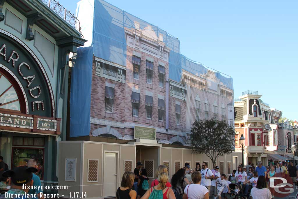 Work on the facade of the Fortuosity Shop is underway.  The store is open.