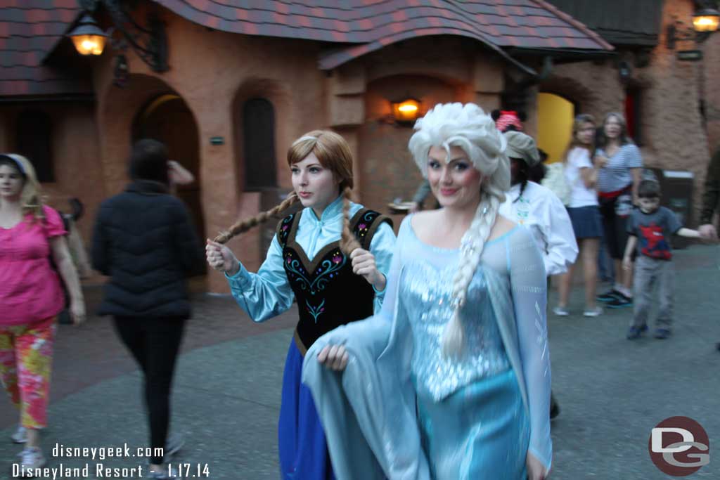 Always keep your eyes open when walking around, you never know who you may bump into.  Anna and Elsa from Frozen were passing through Fantasyland.