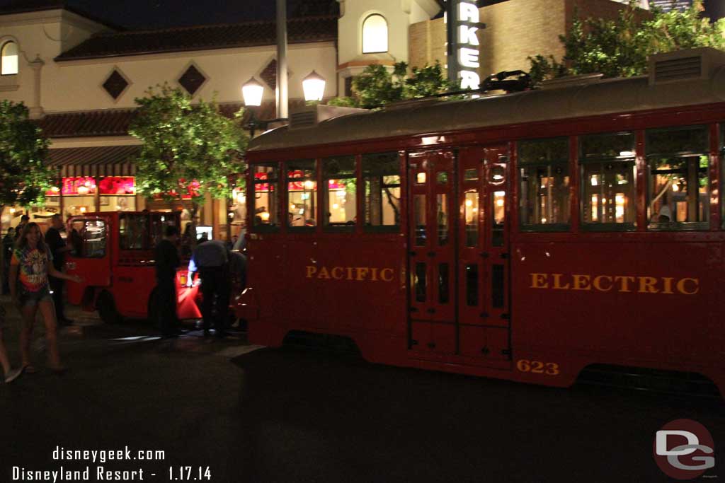 As I was heading out spotted this in Carthay Circle, one of the Red Cars was broken down and being connected to a tow.  