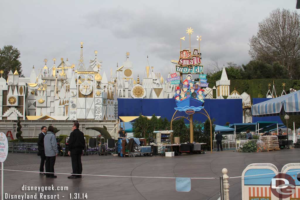 Small World is closed for the removal of the holiday overlay.  And this coming week they are going to be using it as a set for the upcoming Brad Bird Tomorrowland film.