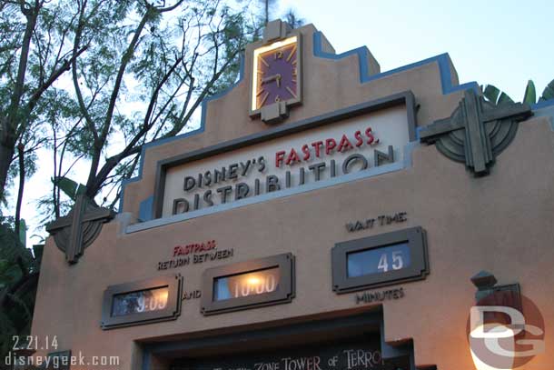 The Tower of Terror wait and Fastpass Return as I passed by.