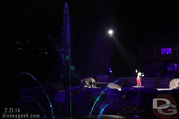 Time for Fantasmic.  There was a  problem with one of the new fountains so two of the new heads were off in the center.