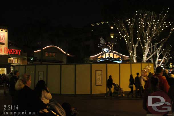 The fountain in front of La Brea Bakery is behind walls for some work.