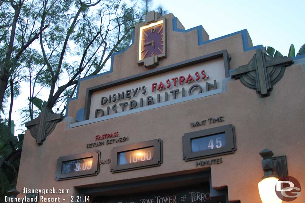 The Tower of Terror wait and Fastpass Return as I passed by.