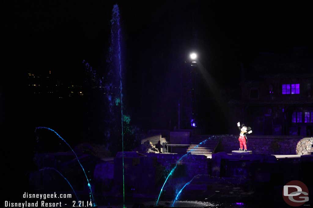 Time for Fantasmic.  There was a  problem with one of the new fountains so two of the new heads were off in the center.