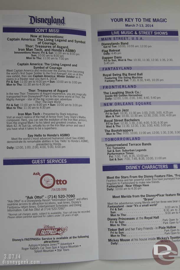 A quick look at the Disneyland time schedule for Friday.  Marvel/Innoventions took over half of one of the pages.