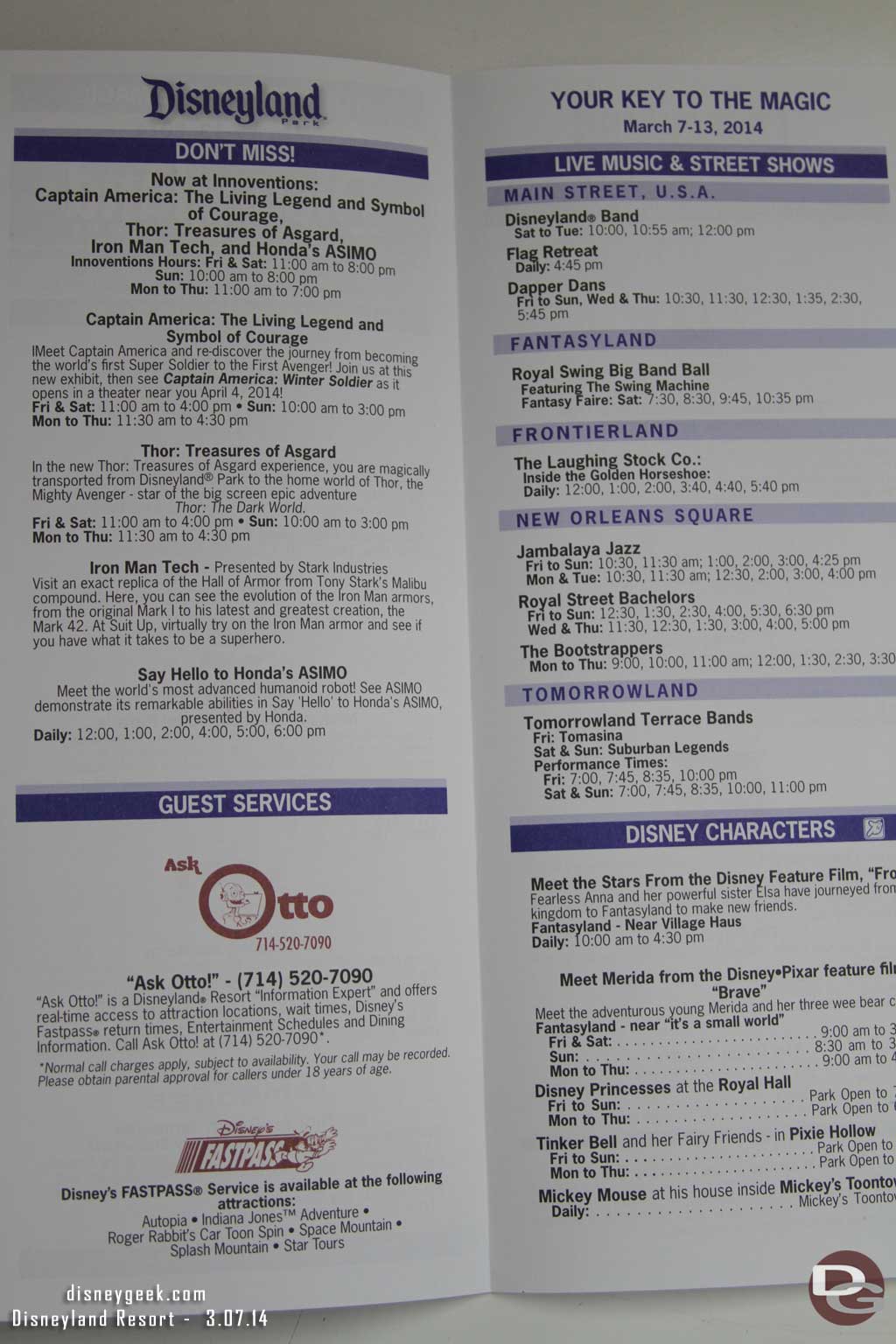 A quick look at the Disneyland time schedule for Friday.  Marvel/Innoventions took over half of one of the pages.