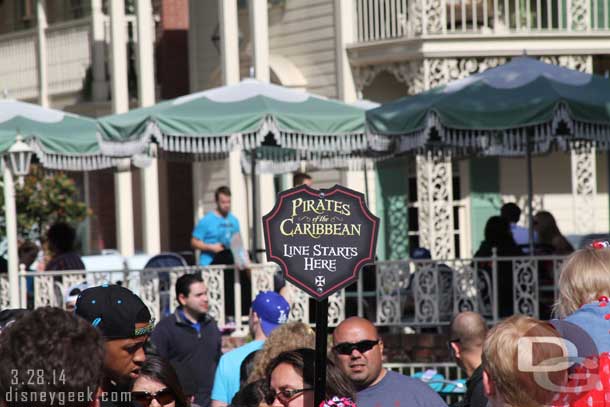 The line starts here sign for Pirates.  I actually heard a guest ask the cast member holding the sign where the line starts.. kind of funny.