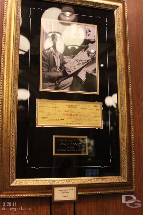 Disneyana had this interesting item.  A check signed by Walt Disney.  It was from 1965 and for $10,000 made out to the IRS for estimated  taxes.   The framed set was priced at $5,500.