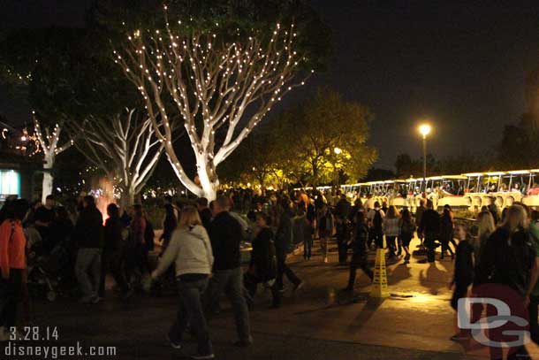 The tram stops were busy but no more so than a normal park closing.  It looked to be a 2-3 tram wait. I opted to walk as did a large number of guests (more than usual).