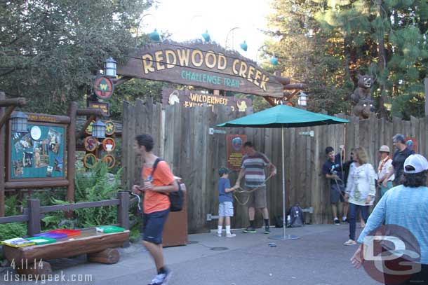 The Redwood Creek area is still closed.  A cast member had some ropes and other props to interact with guests.