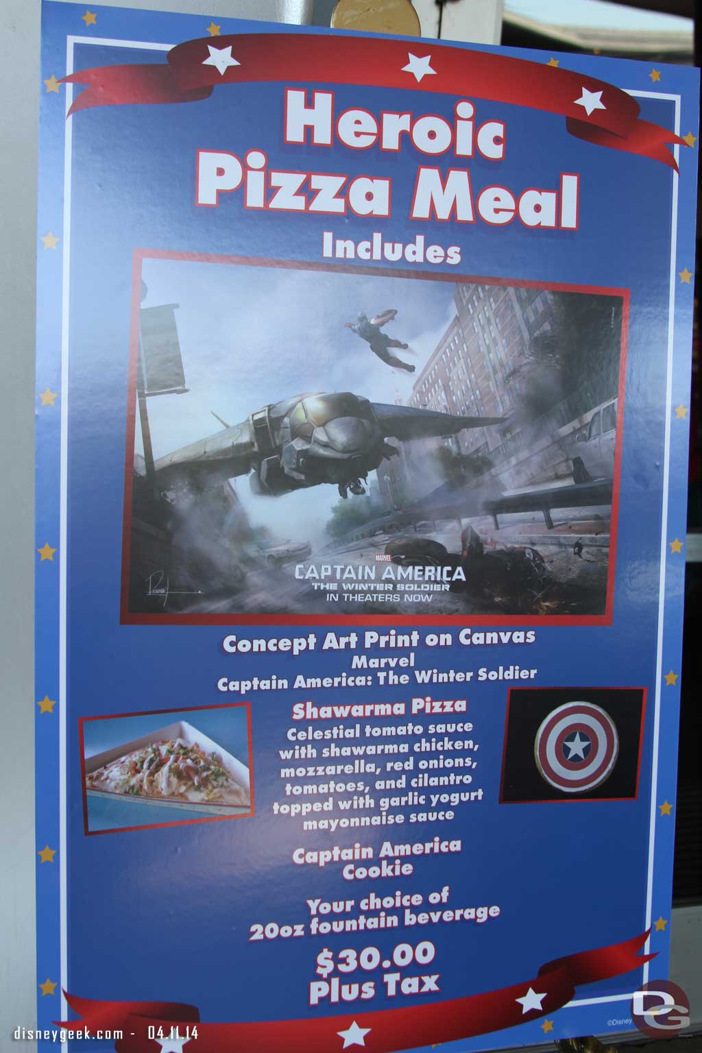 A slice of pizza, cookie, drink and art print for $30.00 plus tax.